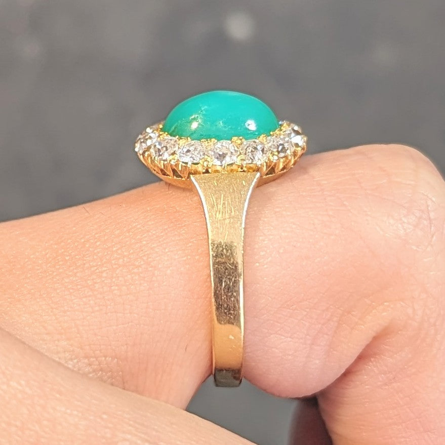 Modernist Chrysoprase Diamond 18 Karat Yellow Gold Vintage Halo Ring Wilson's Estate Jewelry