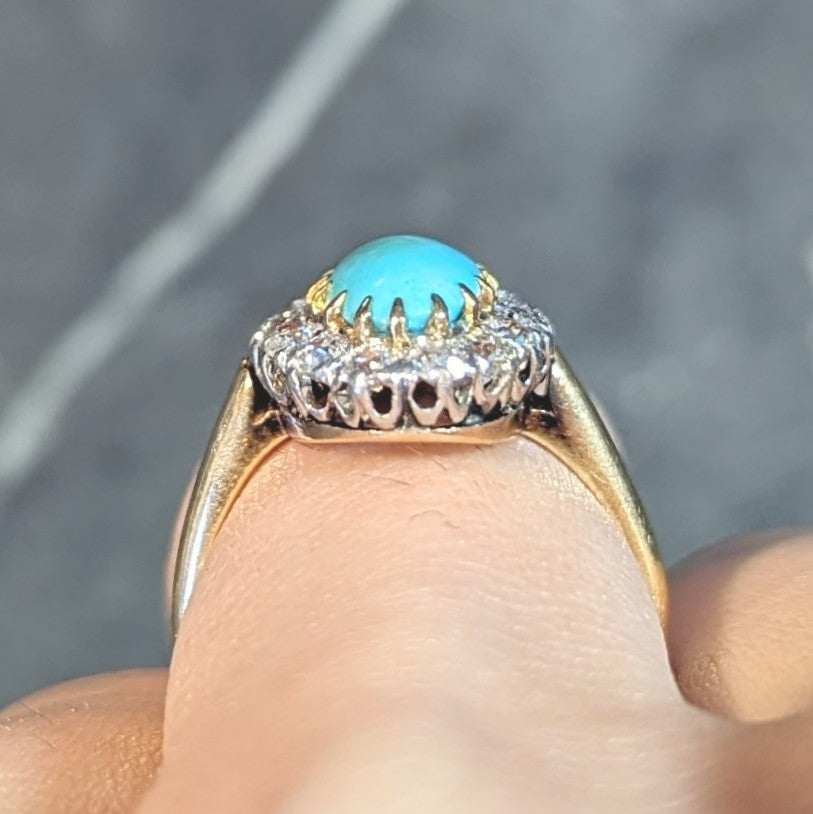 Edwardian Diamond Turquoise Platinum 14 Karat Yellow Gold Antique Halo Ring Wilson's Estate Jewelry