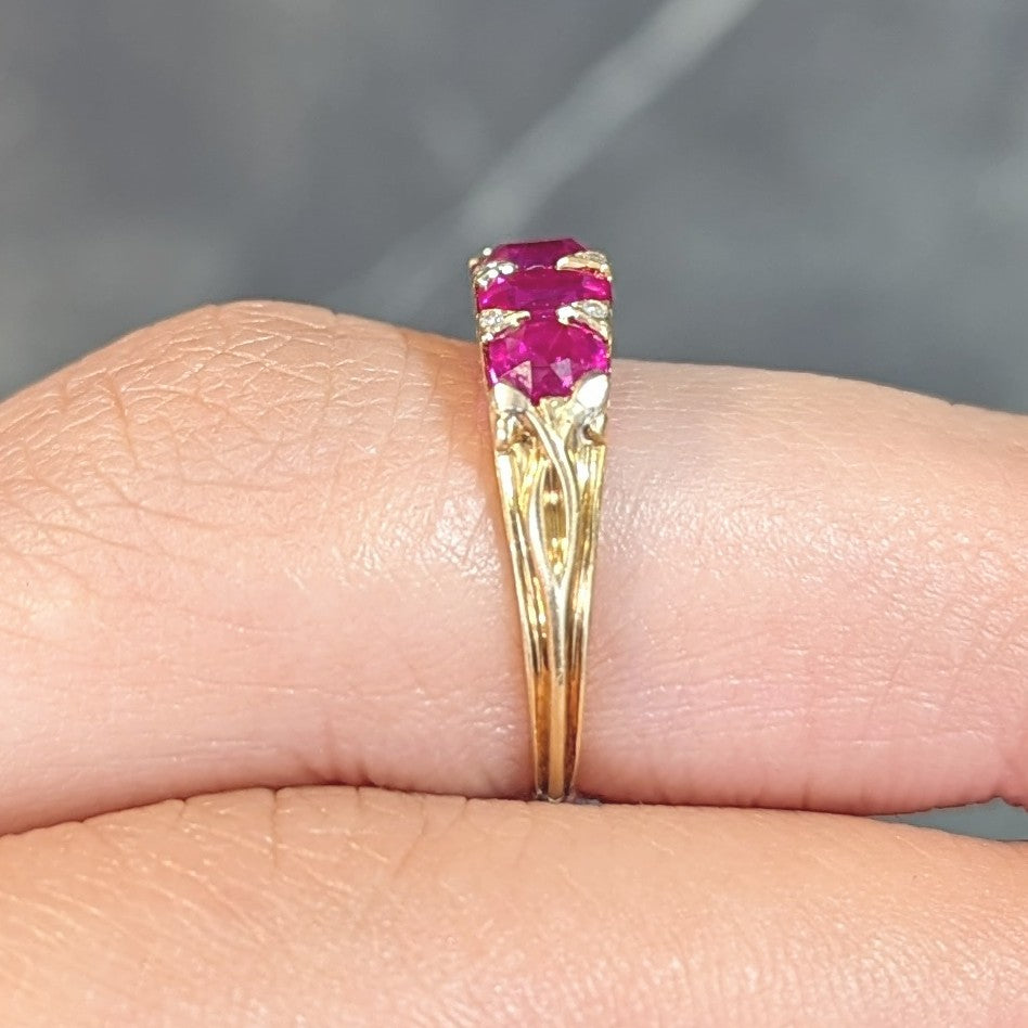 Art Nouveau 1.67 CTW Ruby Diamond 18 Karat Yellow Gold Foliate Five Stone Antique Band Ring Wilson's Estate Jewelry