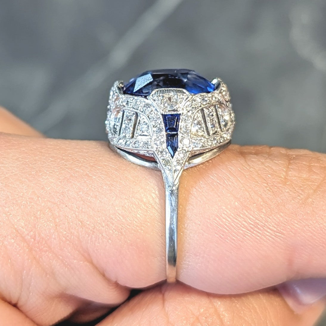 Art Deco 12.12 CTW No Heat Ceylon Sapphire Diamond Lotus Vintage Cocktail Ring AGL Wilson's Estate Jewelry