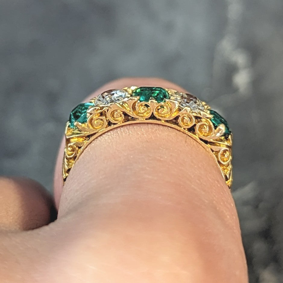 Victorian Emerald Diamond 18 Karat Yellow Gold Scrolling Five Stone Antique Band Ring Wilson's Estate Jewelry