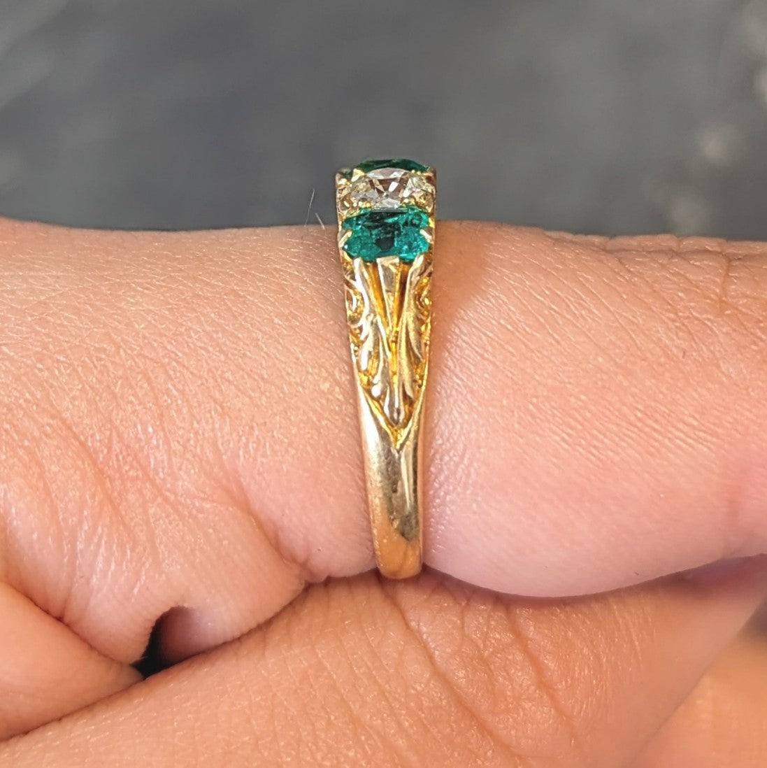 Victorian Emerald Diamond 18 Karat Yellow Gold Scrolling Five Stone Antique Band Ring Wilson's Estate Jewelry