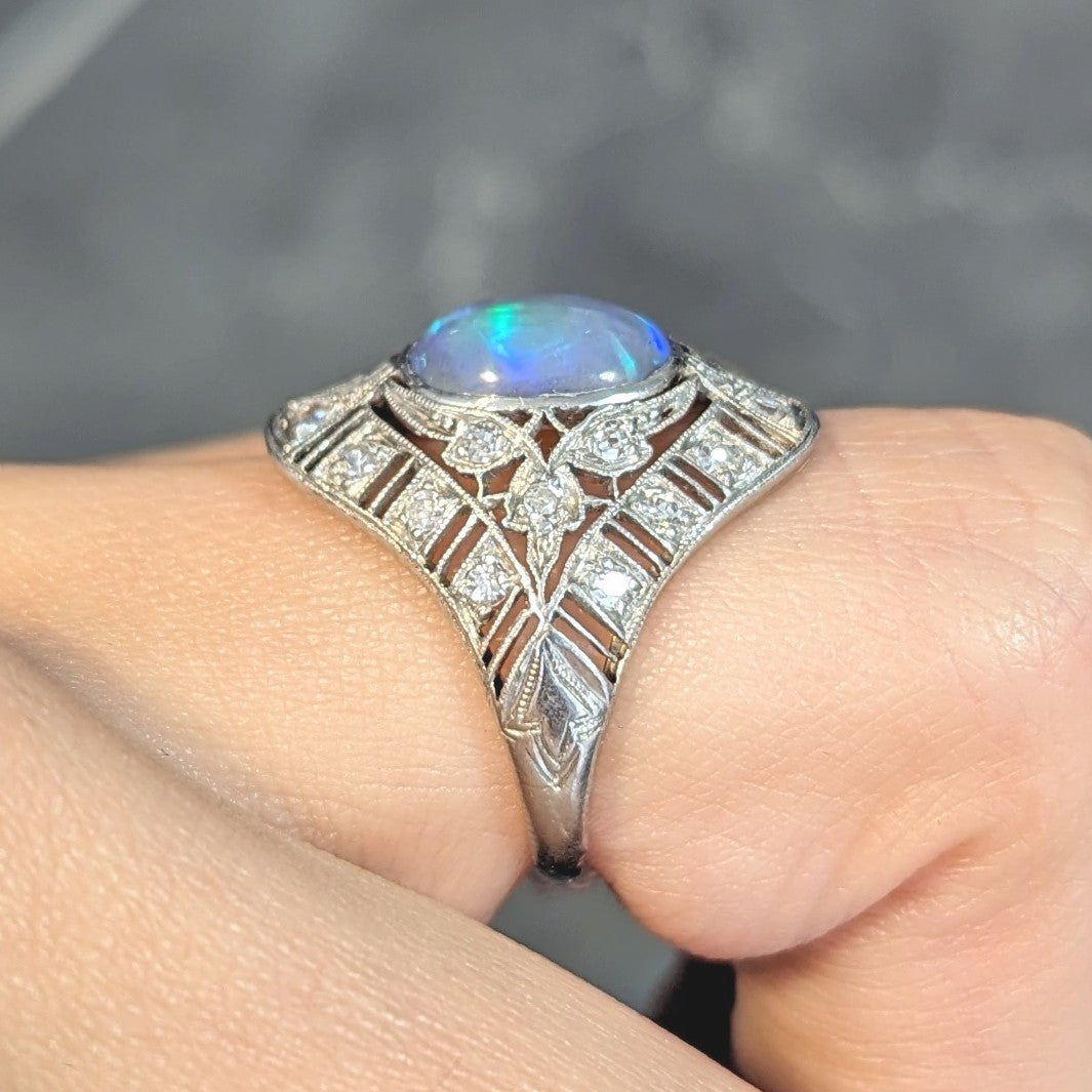 Art Deco Jelly Opal Cabochon Diamond Platinum Lotus Vintage Filigree Dinner Ring Wilson's Estate Jewelry