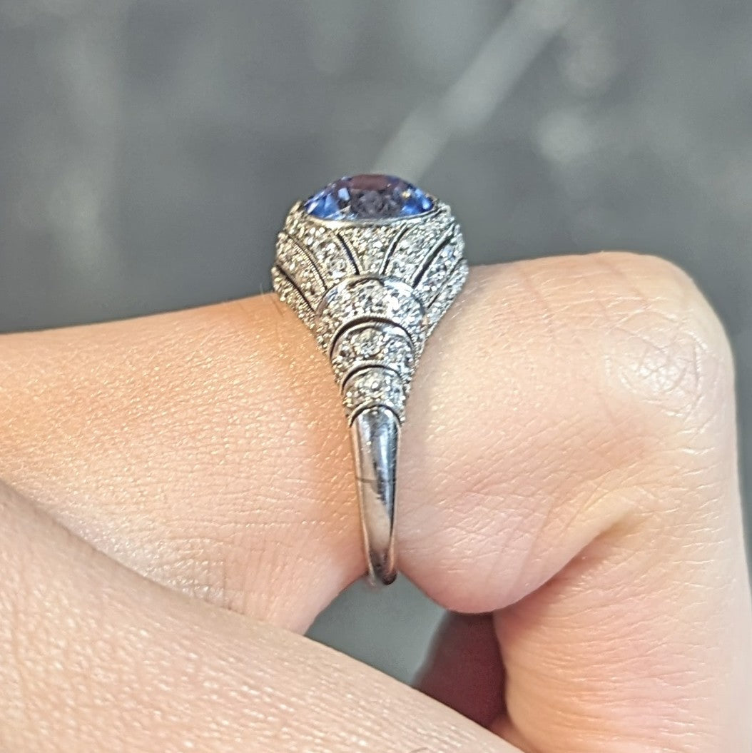 Art Deco 3.00 CTW No Heat Ceylon Blue Sapphire Diamond Platinum Bombé Vintage Ring GIA Wilson's Estate Jewelry