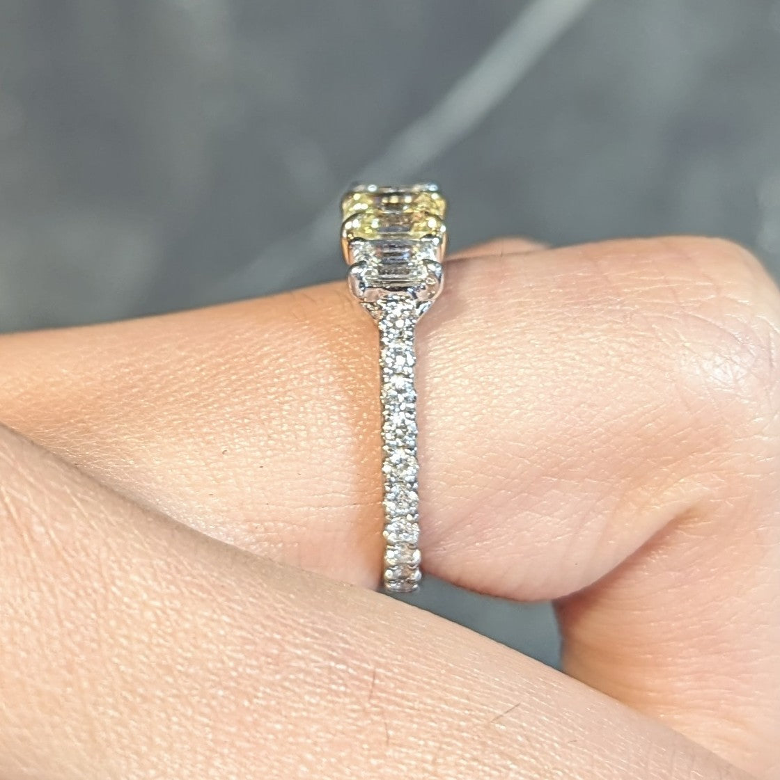 Contemporary 1.61 CTW Fancy Yellow Emerald Cut Diamond Platinum 18 Karat Numerical Engagement Ring Wilson's Estate Jewelry