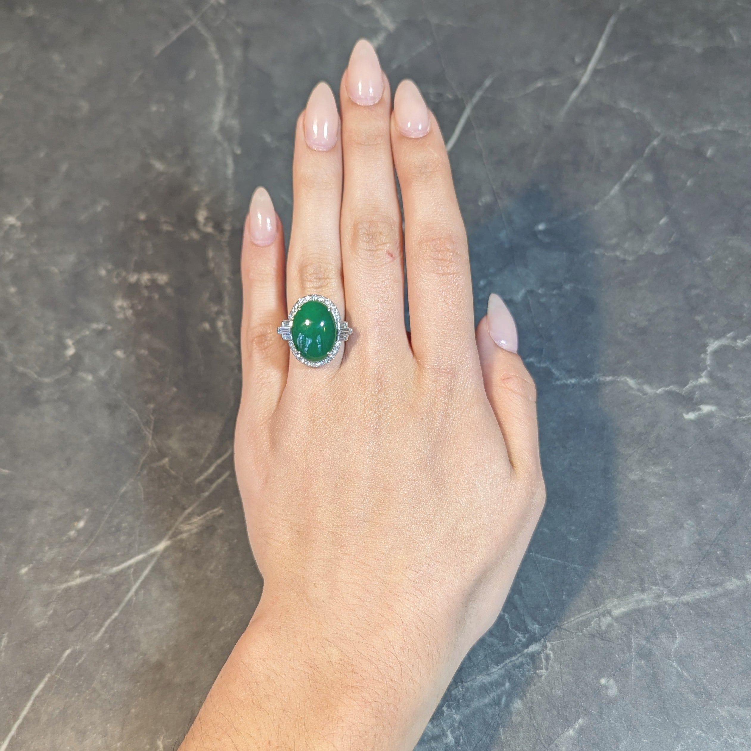 Mid-Century Natural Jadeite Jade Diamond Platinum Vintage Halo Ring GIA Wilson's Estate Jewelry