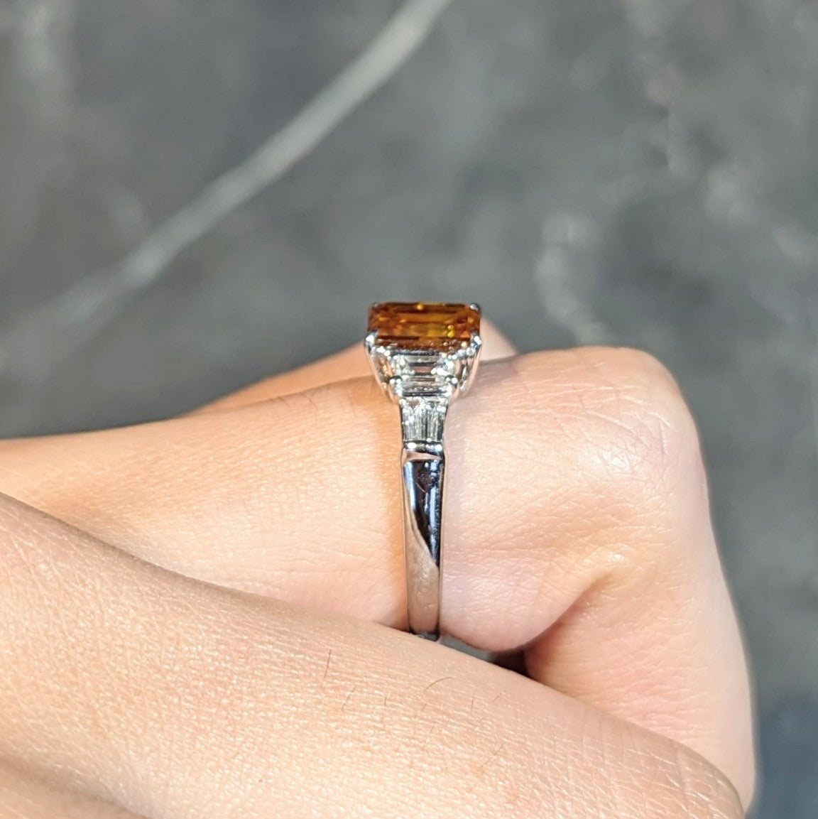 Contemporary 1.95 CTW Fancy Orange Brown Diamond Platinum Five Stone Engagement Ring Wilson's Estate Jewelry