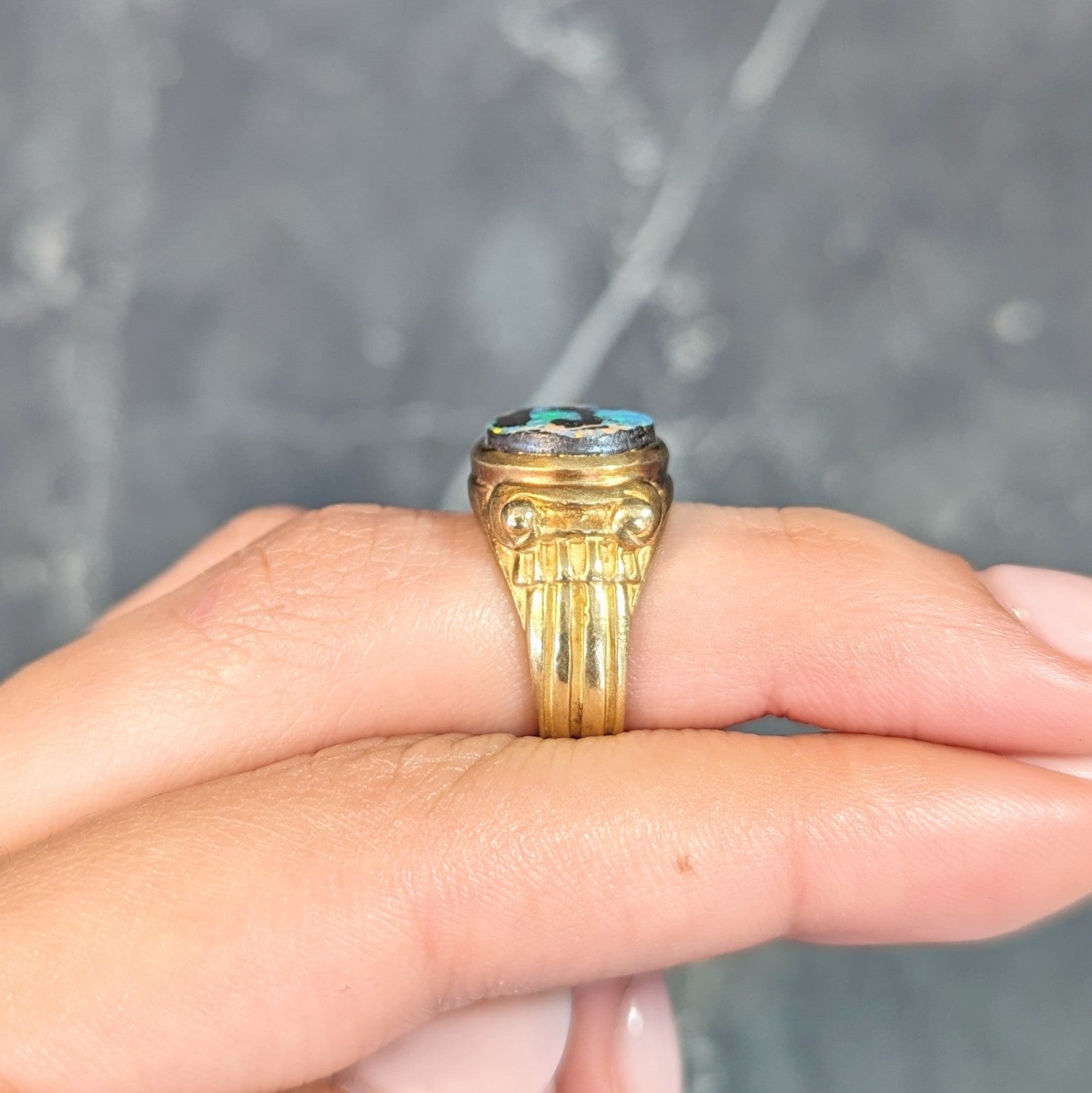 Vintage Boulder Opal 18 Karat Yellow Gold Neoclassical Greek Column Signet Ring Wilson's Estate Jewelry