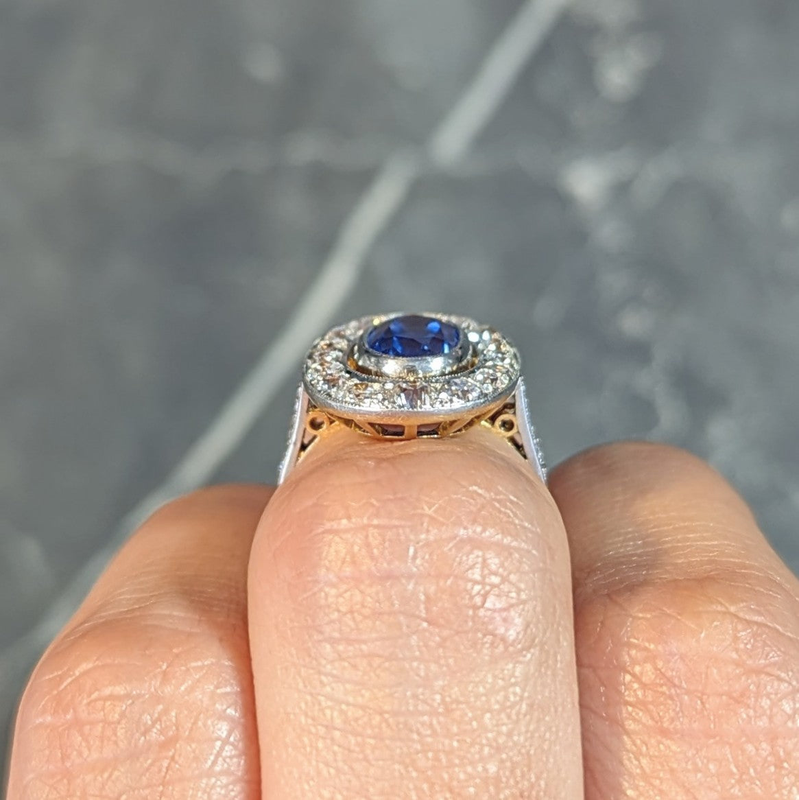 French Edwardian 3.55 CTW No Heat Ceylon Sapphire Diamond Platinum 18 Karat Gold Antique Halo Ring GIA Wilson's Estate Jewelry