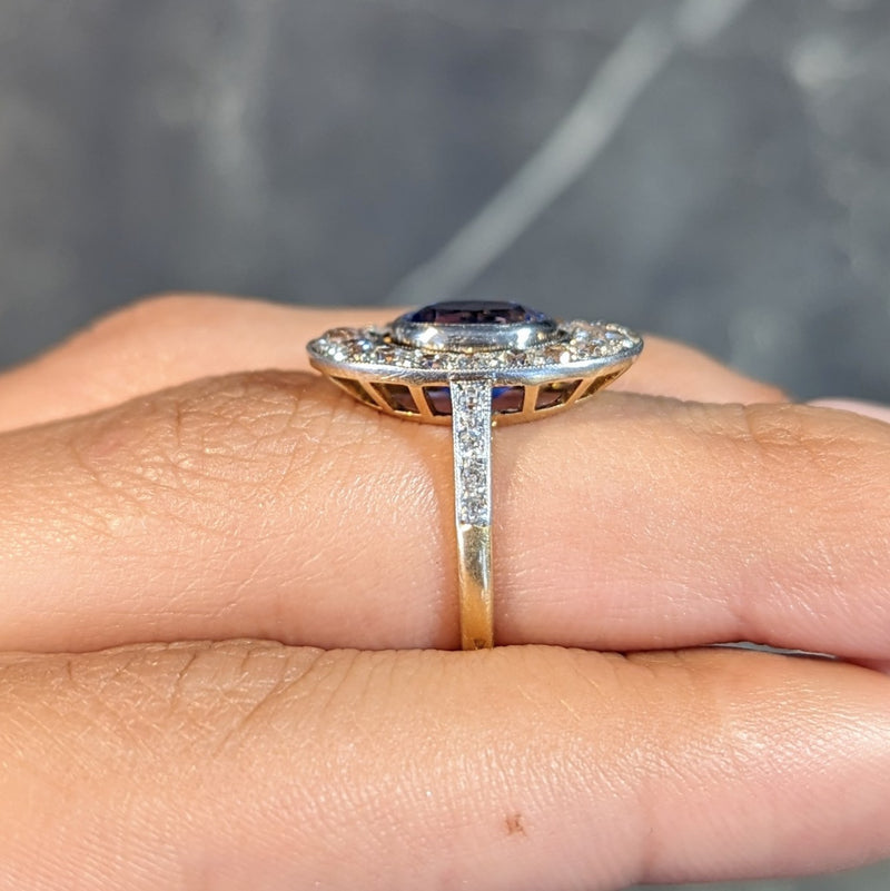 French Edwardian 3.55 CTW No Heat Ceylon Sapphire Diamond Platinum 18 Karat Gold Antique Halo Ring GIA