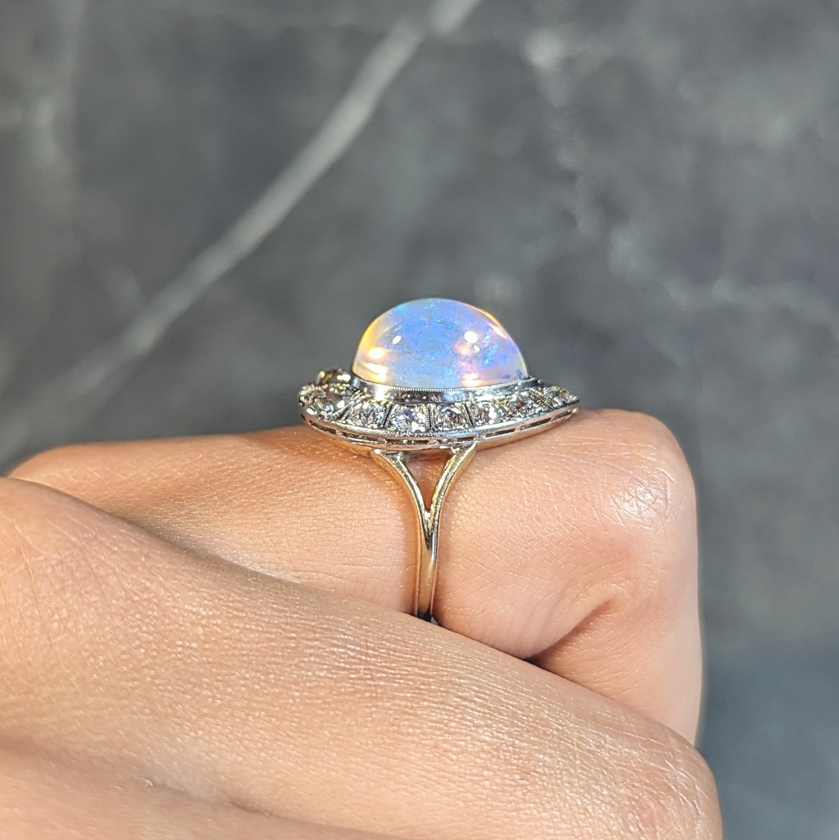 Edwardian Antique Pear Jelly Opal Diamond Platinum 14 Karat Gold Halo Ring Wilson's Estate Jewelry