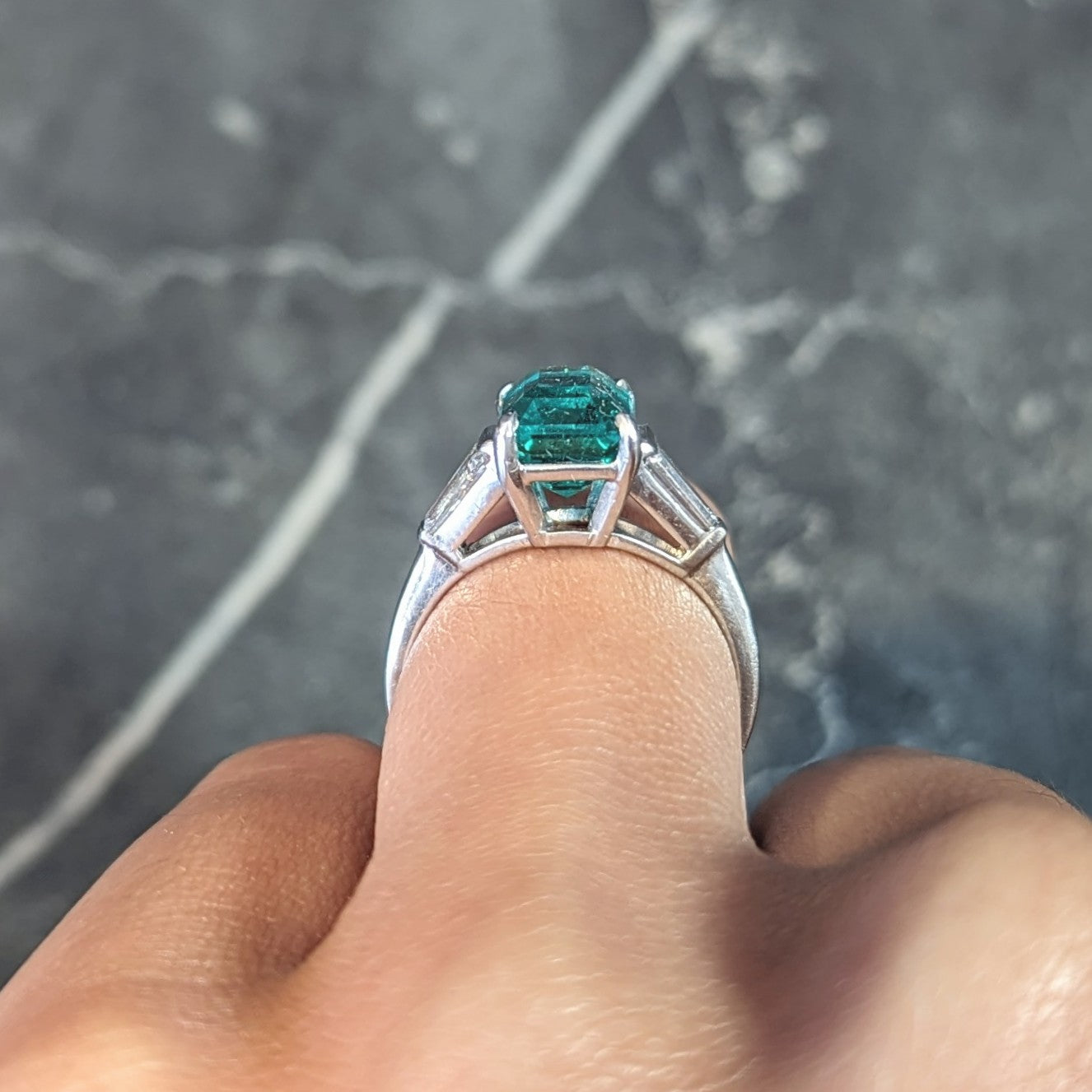 Mid-Century 3.43 CTW Colombian Emerald Diamond Platinum Three Stone Vintage Ring AGL Wilson's Estate Jewelry