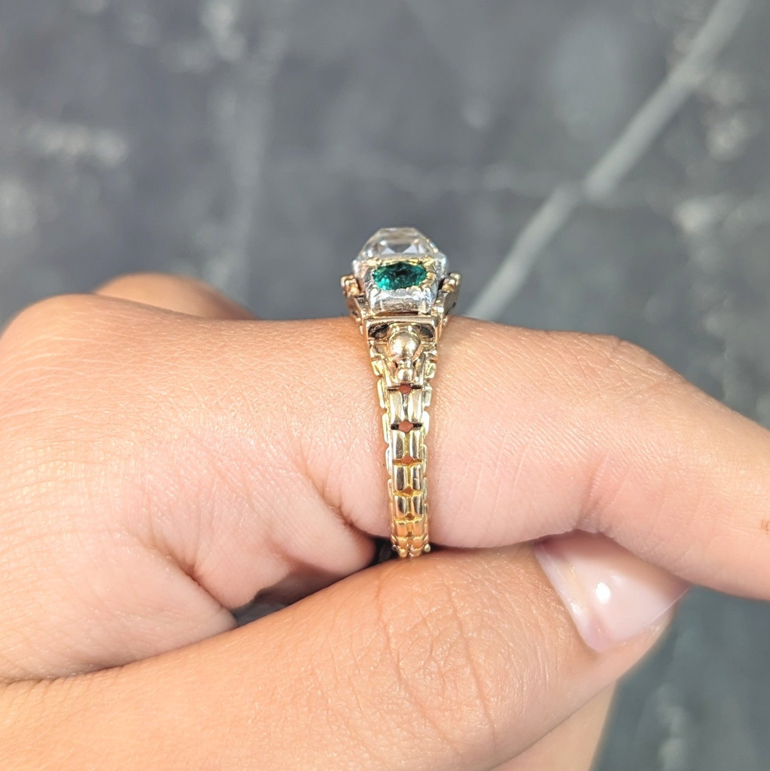 Early Victorian 3.92 CTW Peruzzi Cut Diamond Emerald 18 Karat Gold Silver Antique Ring Wilson's Estate Jewelry