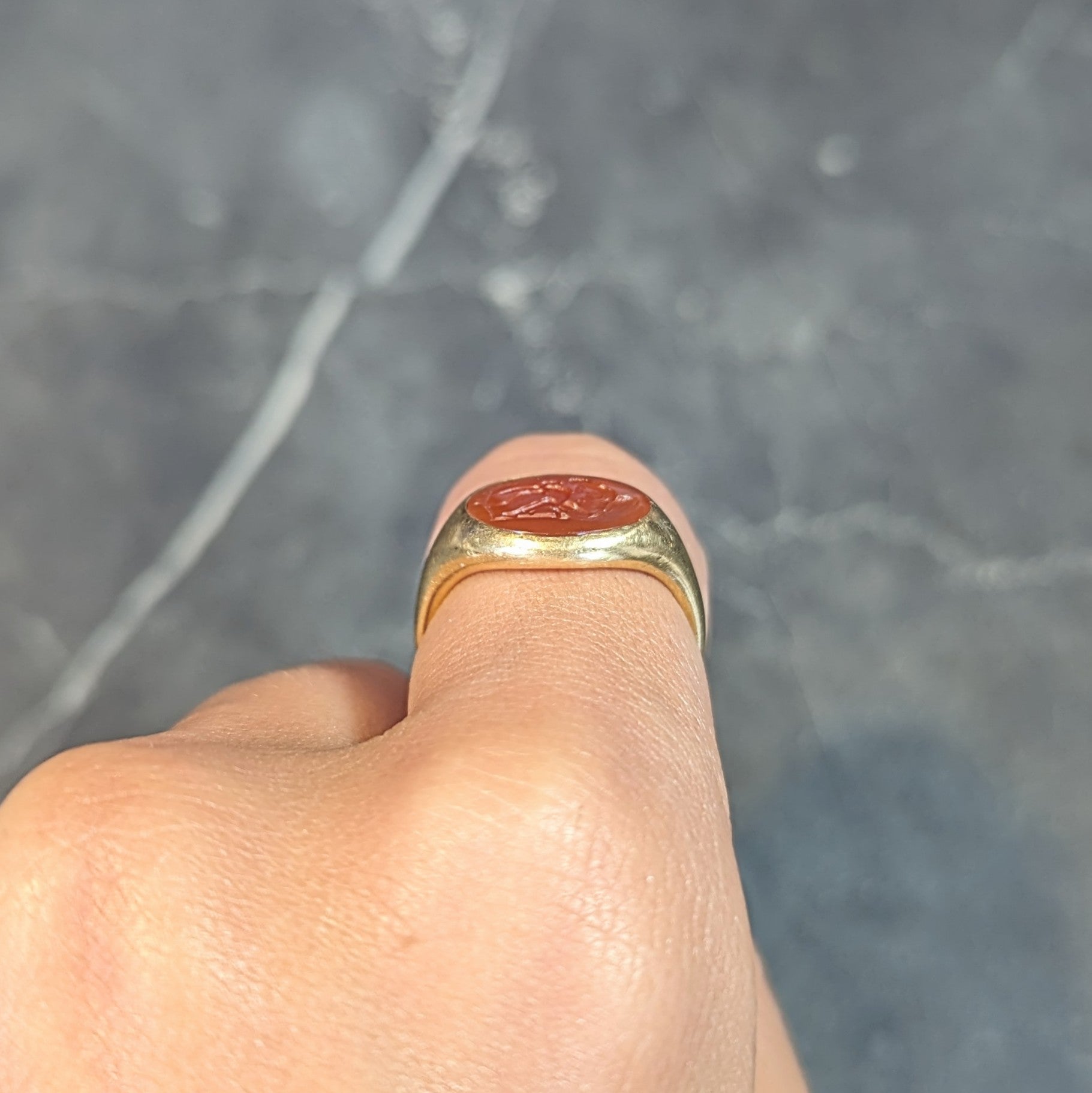 Victorian French Carved Carnelian 18 Karat Yellow Gold Leda & Swan Greek Intaglio Signet Ring Wilson's Estate Jewelry