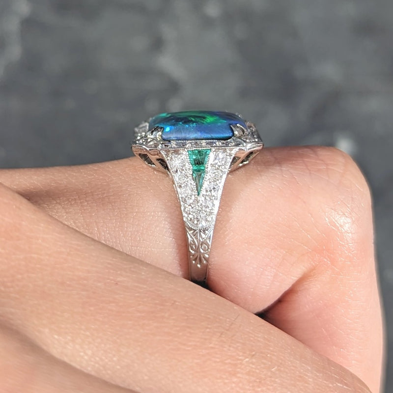 Marcus & Co. Art Deco Octagonal Black Opal Emerald Diamond Platinum Foliate Halo Vintage Ring GIA Wilson's Estate Jewelry