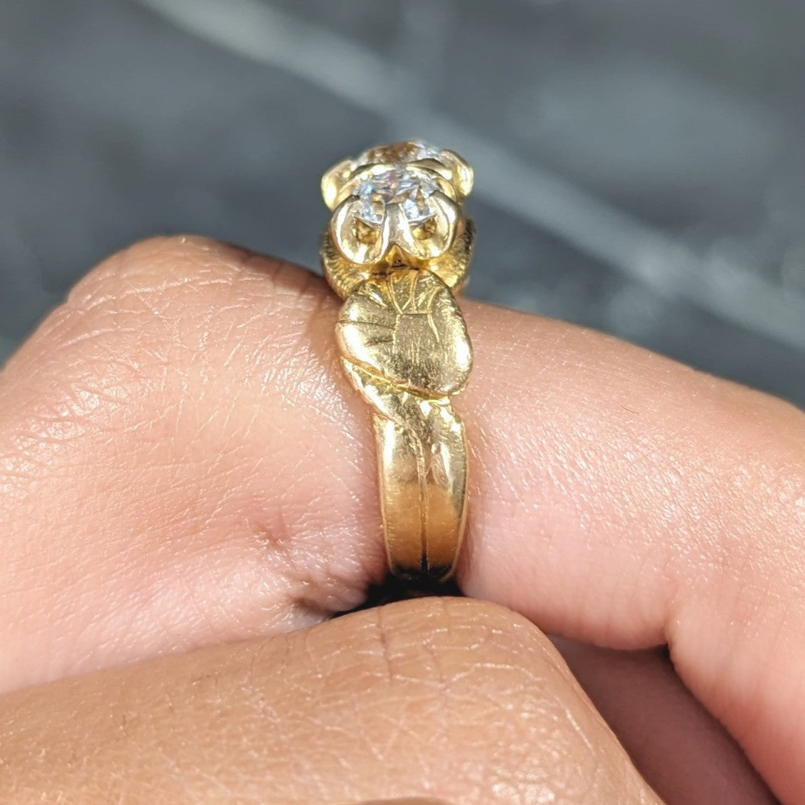 Tiffany & Co. Victorian 1.40 CTW Old European Cut Diamond 18 Karat Yellow Gold Snake Belcher Set Antique Three Stone Ring Wilson's Estate Jewelry