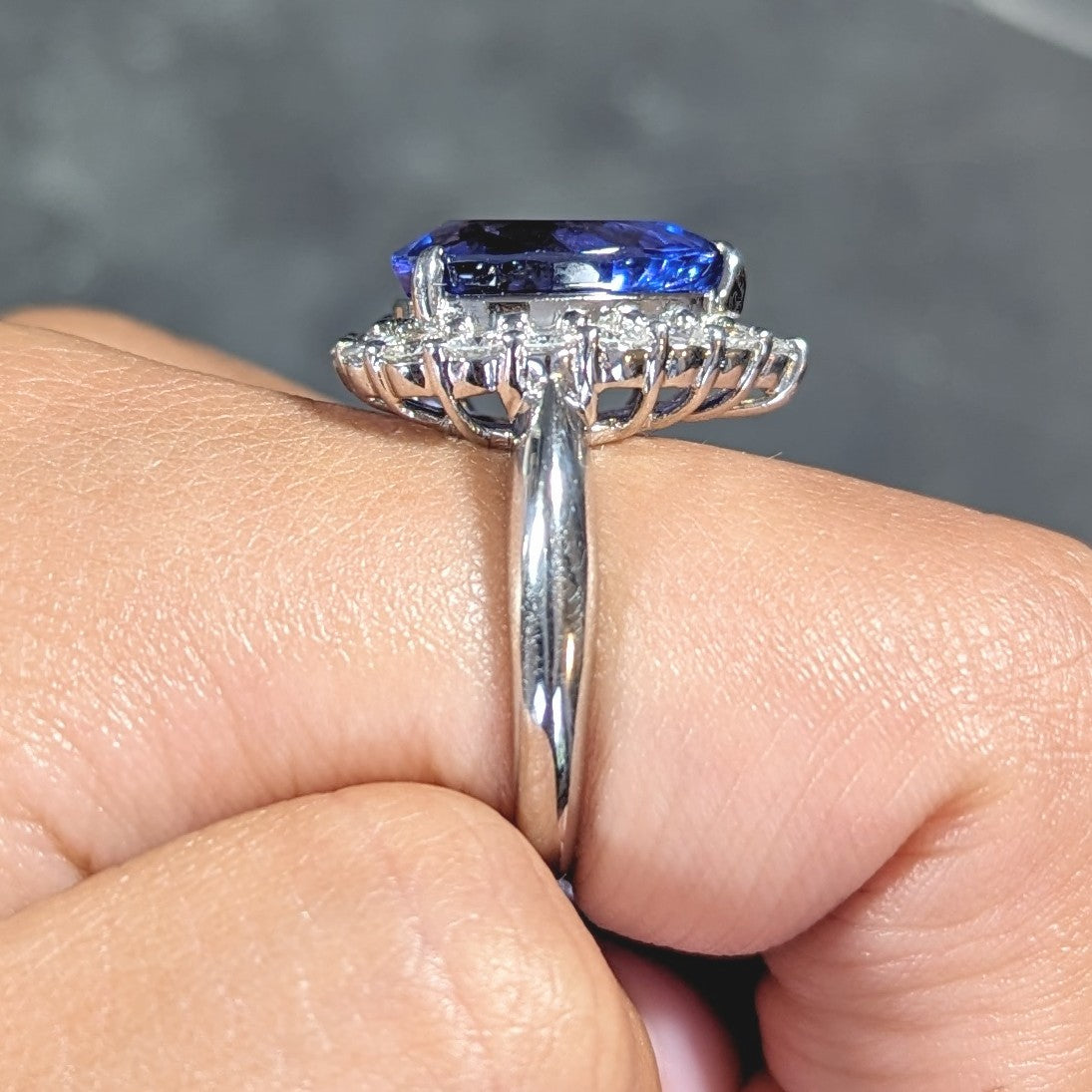 Contemporary 7.54 CTW Pear Cut Tanzanite Diamond Platinum Halo Ring Wilson's Estate Jewelry