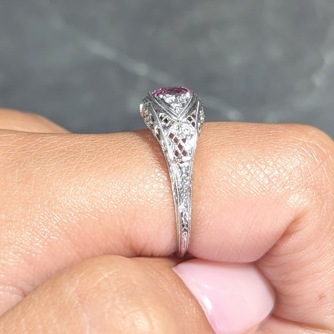 Art Deco 0.80 CTW Oval Cut Pink Sapphire Diamond 18 Karat White Gold Floral Garland Three Stone Ring Wilson's Estate Jewelry