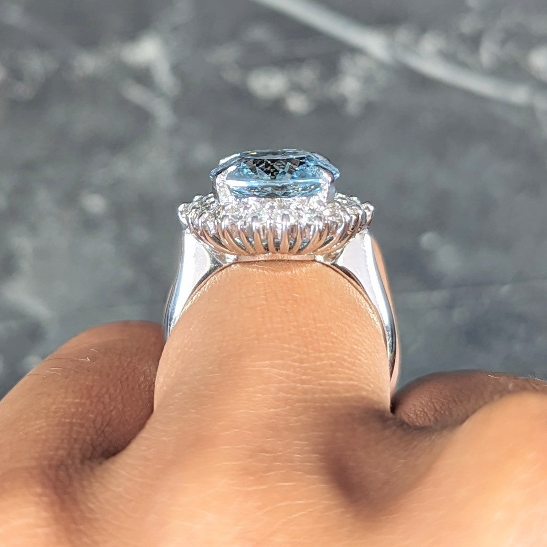 Contemporary 5.55 CTW Oval Cut Aquamarine Diamond Platinum Halo Ring Wilson's Estate Jewelry