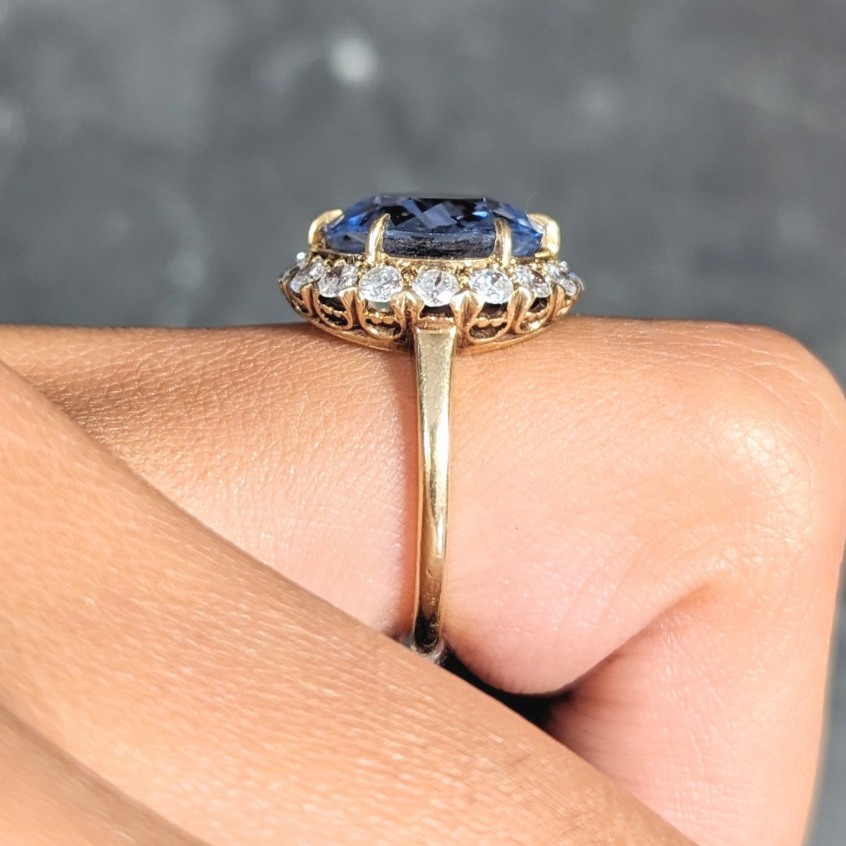 Jabel Mid-Century 6.99 CTW No Heat Ceylon Sapphire Diamond 14 Karat Yellow Gold Vintage Halo Ring GIA Wilson's Estate Jewelry