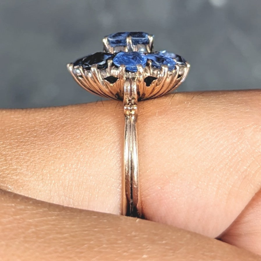 Victorian 3.20 CTW Sapphire 14 Karat Rose Gold Bow Antique Cluster Ring Wilson's Estate Jewelry