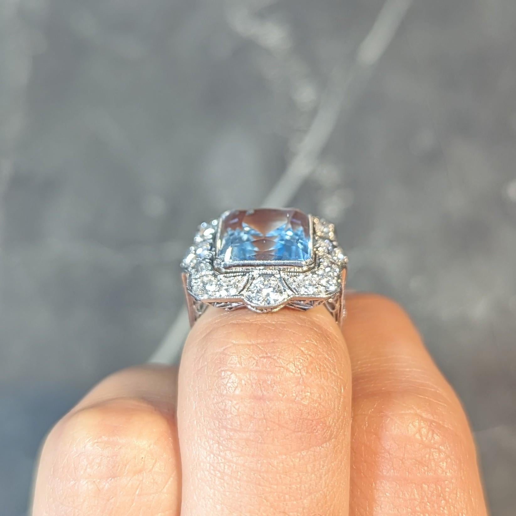 Art Deco 8.48 CTW Aquamarine Diamond Platinum Vintage Cocktail Ring