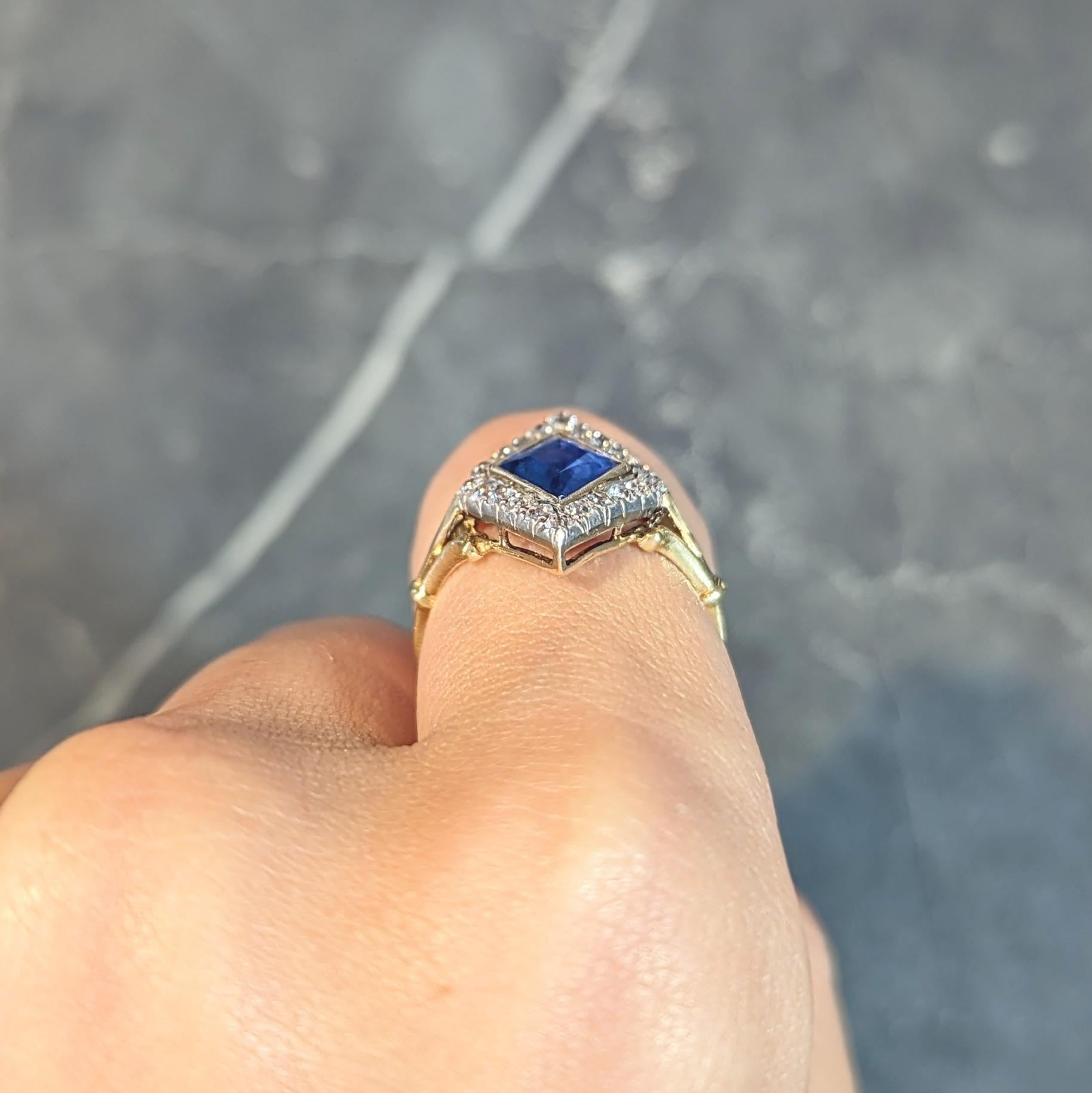 Edwardian 2.40 CTW No Heat Ceylon Sapphire Diamond Silver 18K Gold Navette Ring