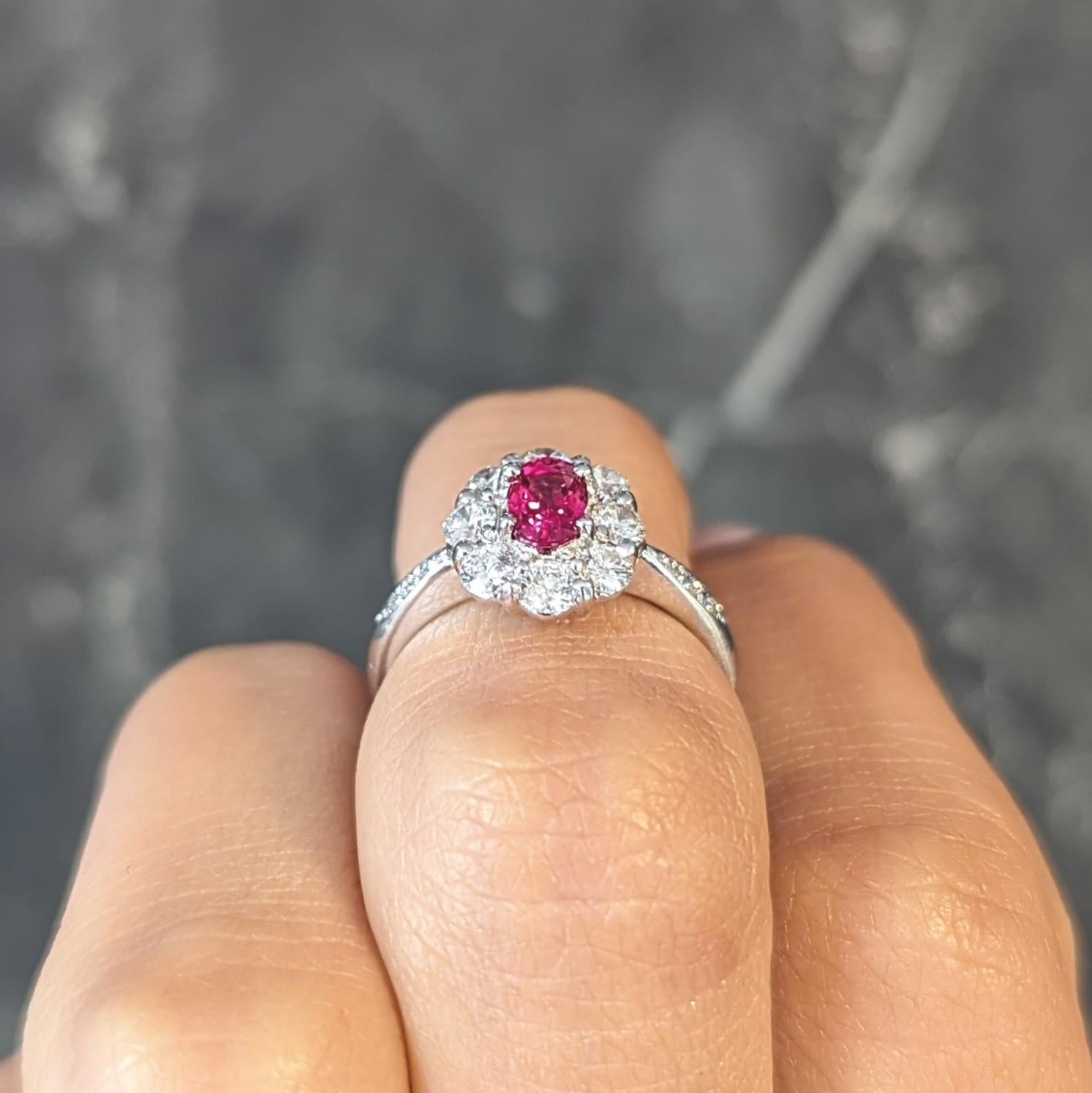 Contemporary 1.24 CTW Ruby Diamond Platinum Cluster Halo Ring