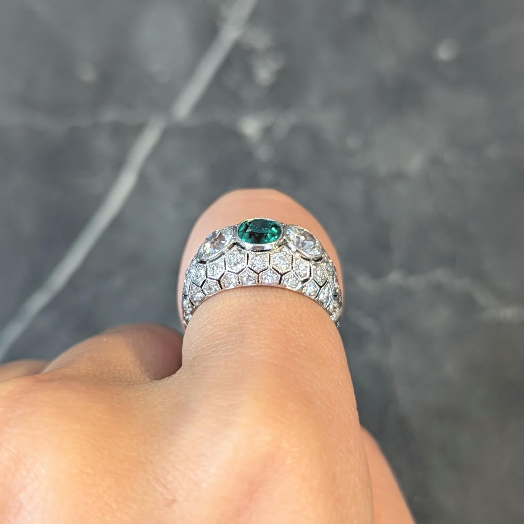 Art Deco 2.49 CTW Emerald Diamond Platinum Three Stone Antique Bombé Ring