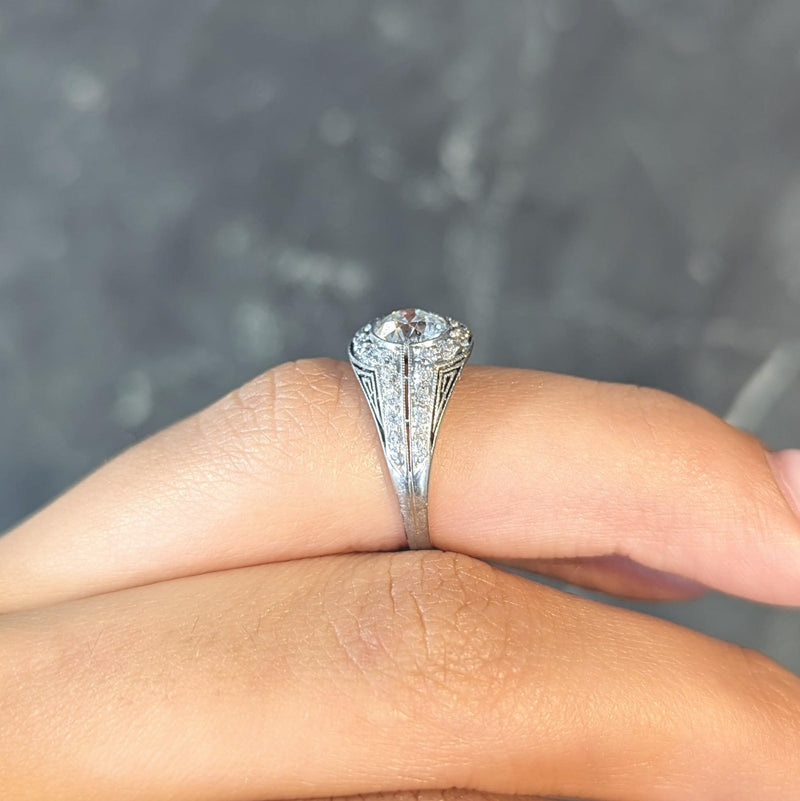 J.E. Caldwell Art Deco Diamond Platinum Greek Key Antique Bombé Engagement Ring
