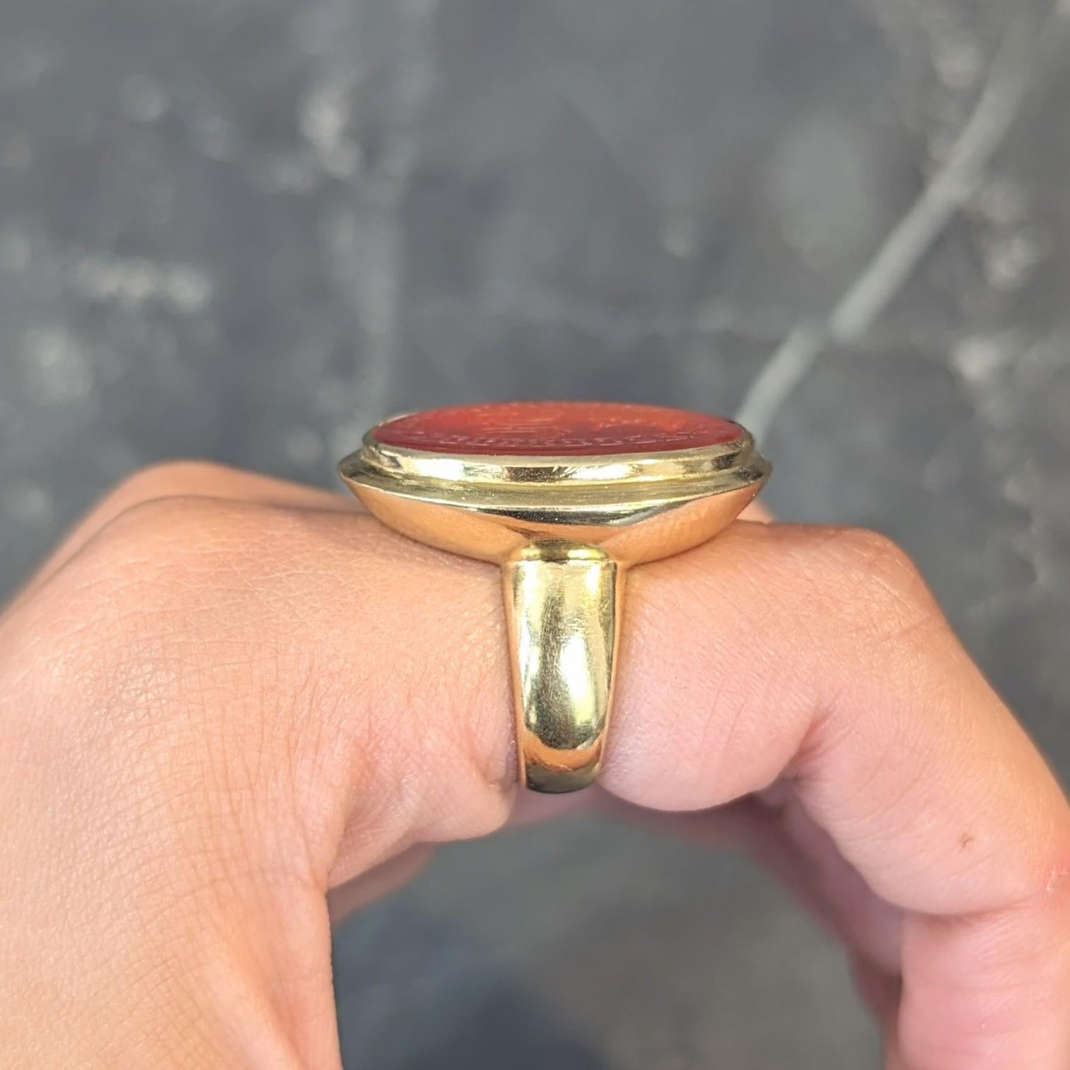 Victorian Carved Carnelian 18 Karat Yellow Gold Signet Antique Intaglio Ring