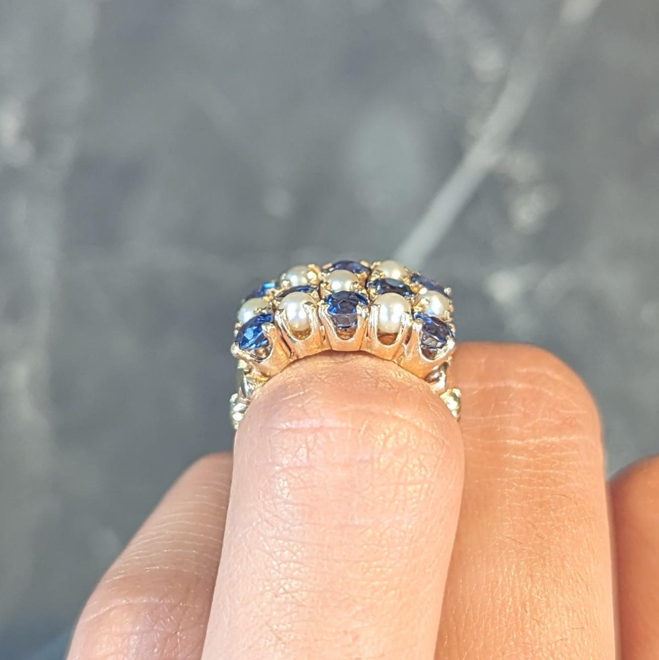 Victorian 2.00 CTW Sapphire Pearl 14 Karat Gold Antique Checkerboard Ring