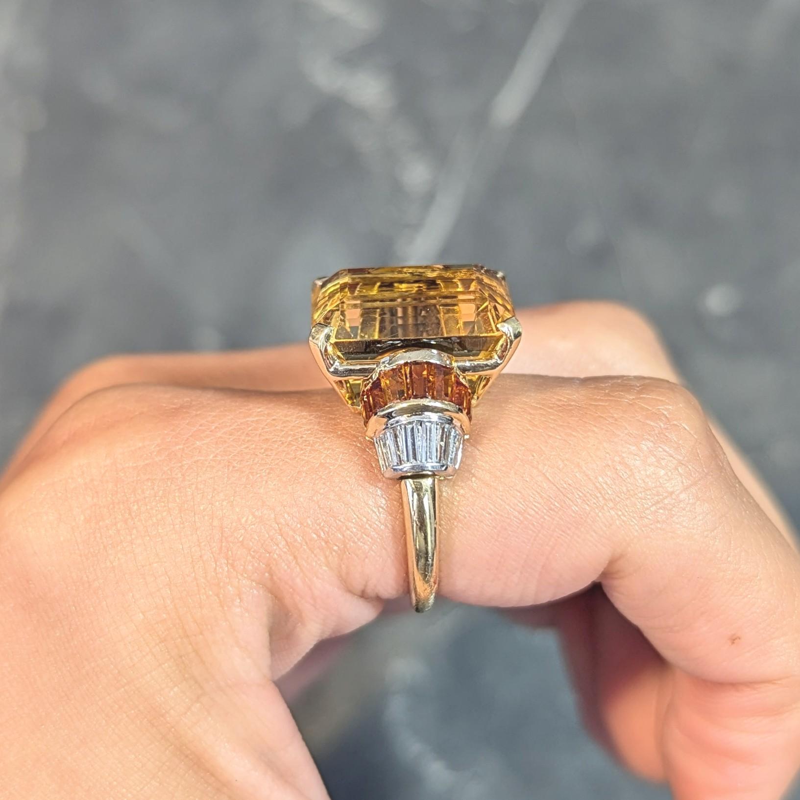 Mid-Century 14.85 CTW Citrine Diamond Platinum 18 Karat Gold Vintage Ring