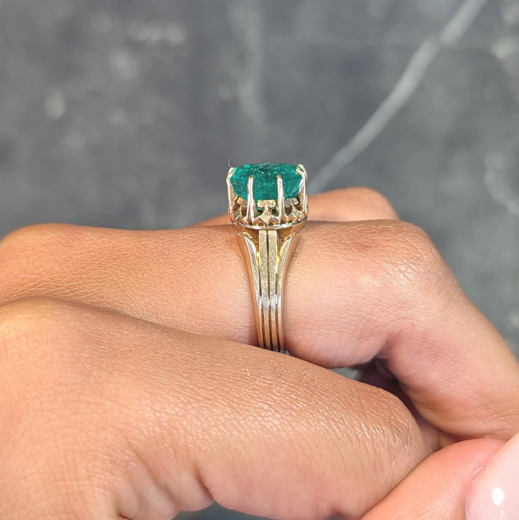 Victorian 3.60 CTW Colombian Emerald 14K Yellow Gold Antique Solitaire Ring GIA