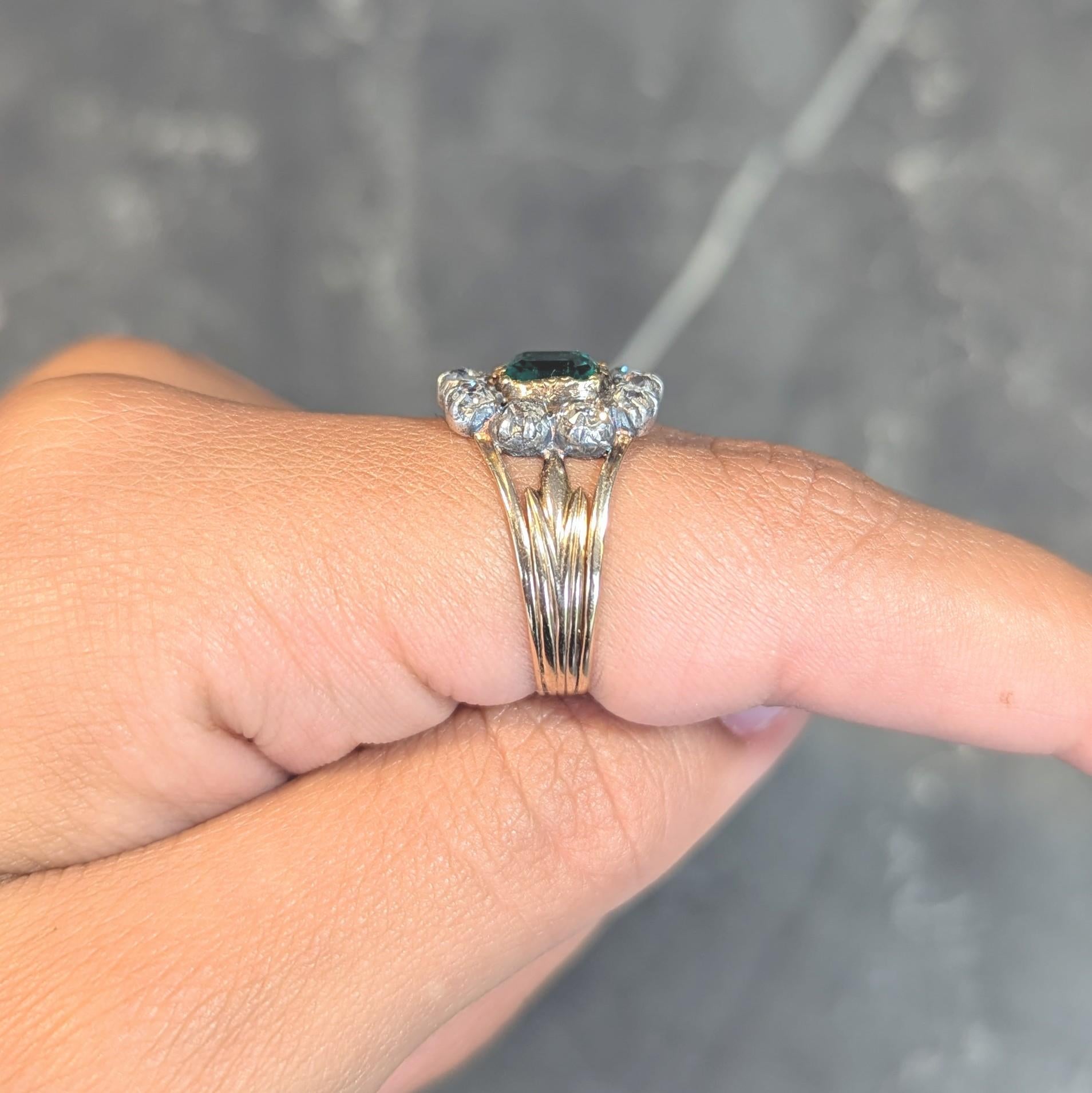 Victorian 1.87 CTW Emerald Diamond Silver 14 Karat Gold Antique Halo Ring GIA