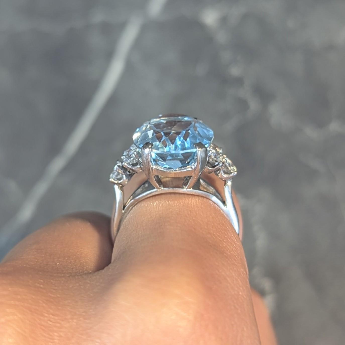 Mid-Century 10.59 CTW Aquamarine Diamond 14 Karat White Gold Vintage Ring