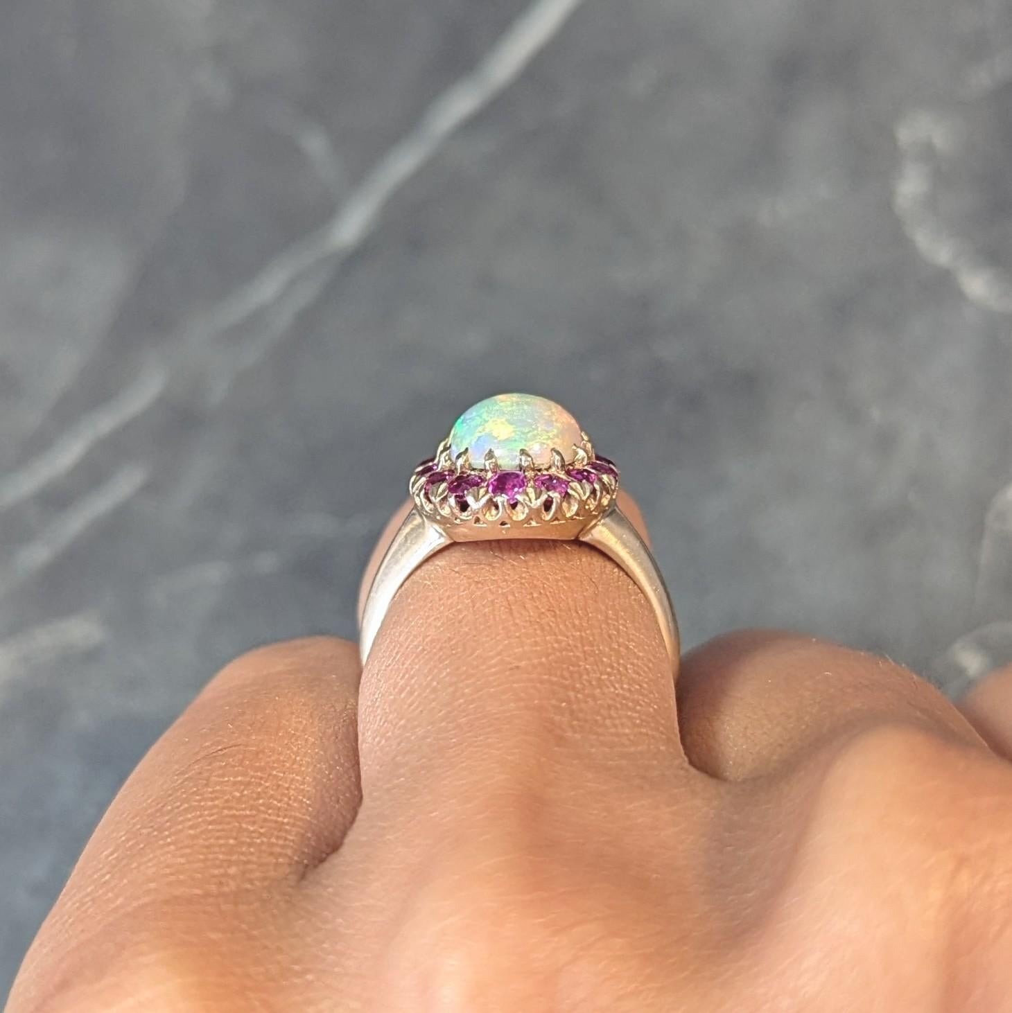 Retro Pink Sapphire Opal 14 Karat Yellow Gold Vintage Halo Ring