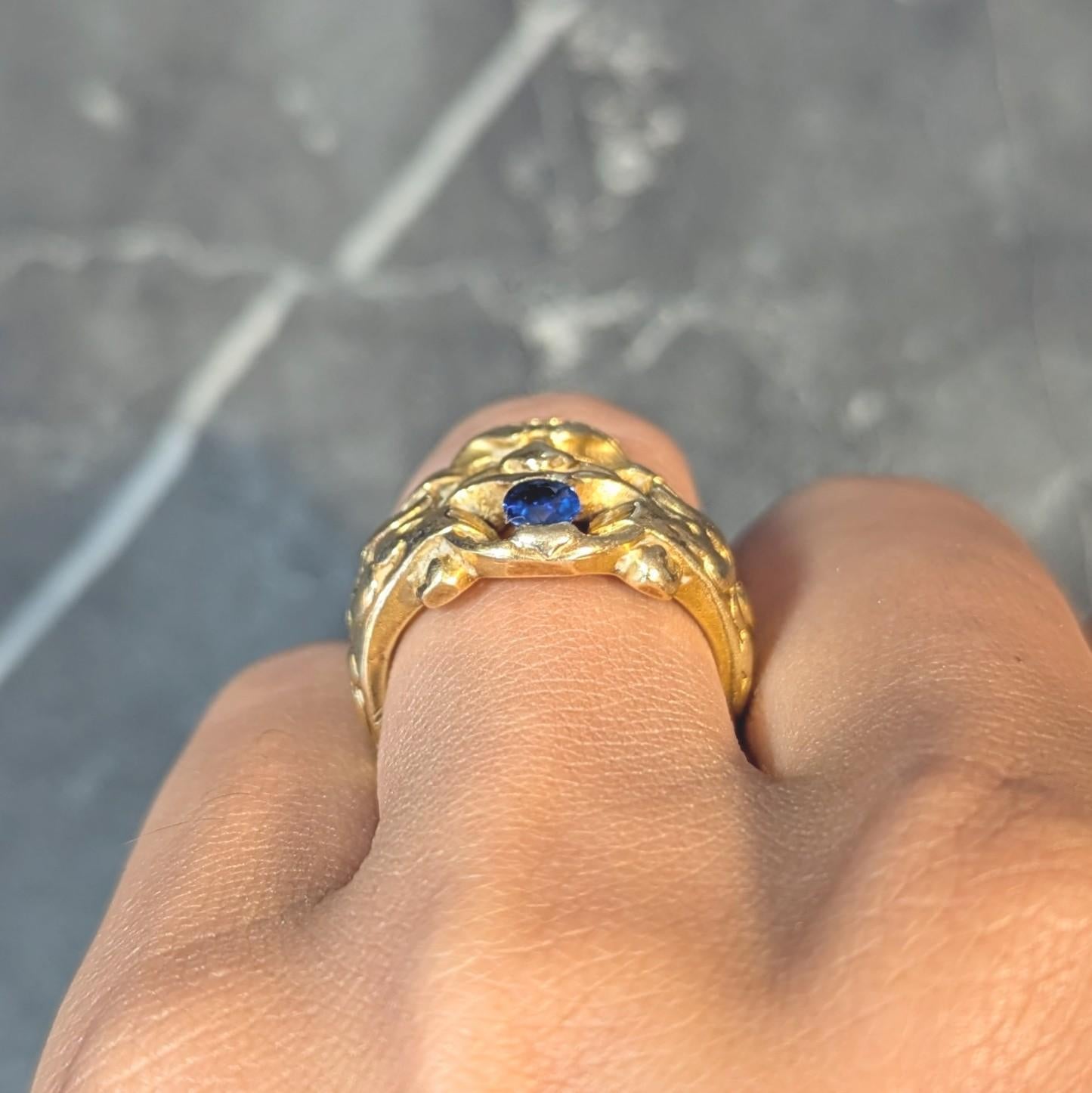 Victorian Sapphire 18 Karat Yellow Gold God Of Wind Antique Unisex Band Ring