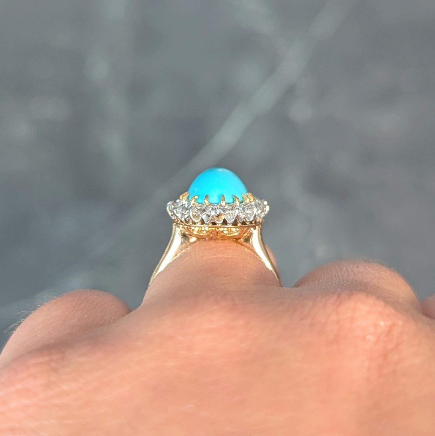 Edwardian Turquoise European Diamond Platinum 14K Yellow Gold Antique Halo Ring