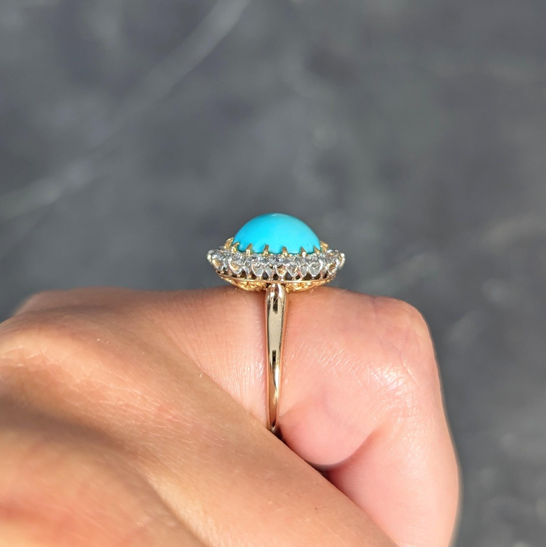 Edwardian Turquoise European Diamond Platinum 14K Yellow Gold Antique Halo Ring