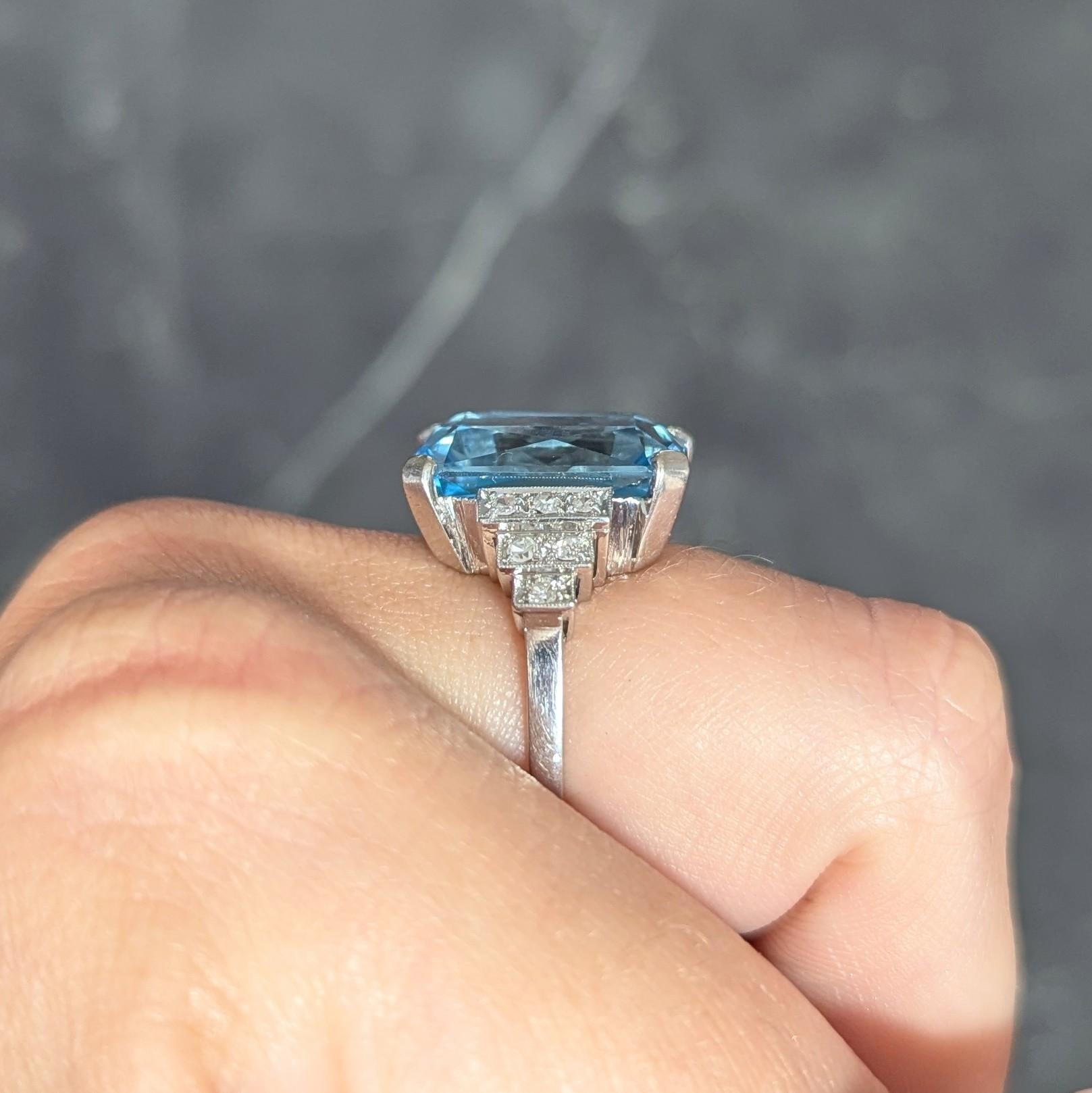 Mid-Century 9.22 CTW Aquamarine Diamond Platinum 18K Gold Vintage Cocktail Ring