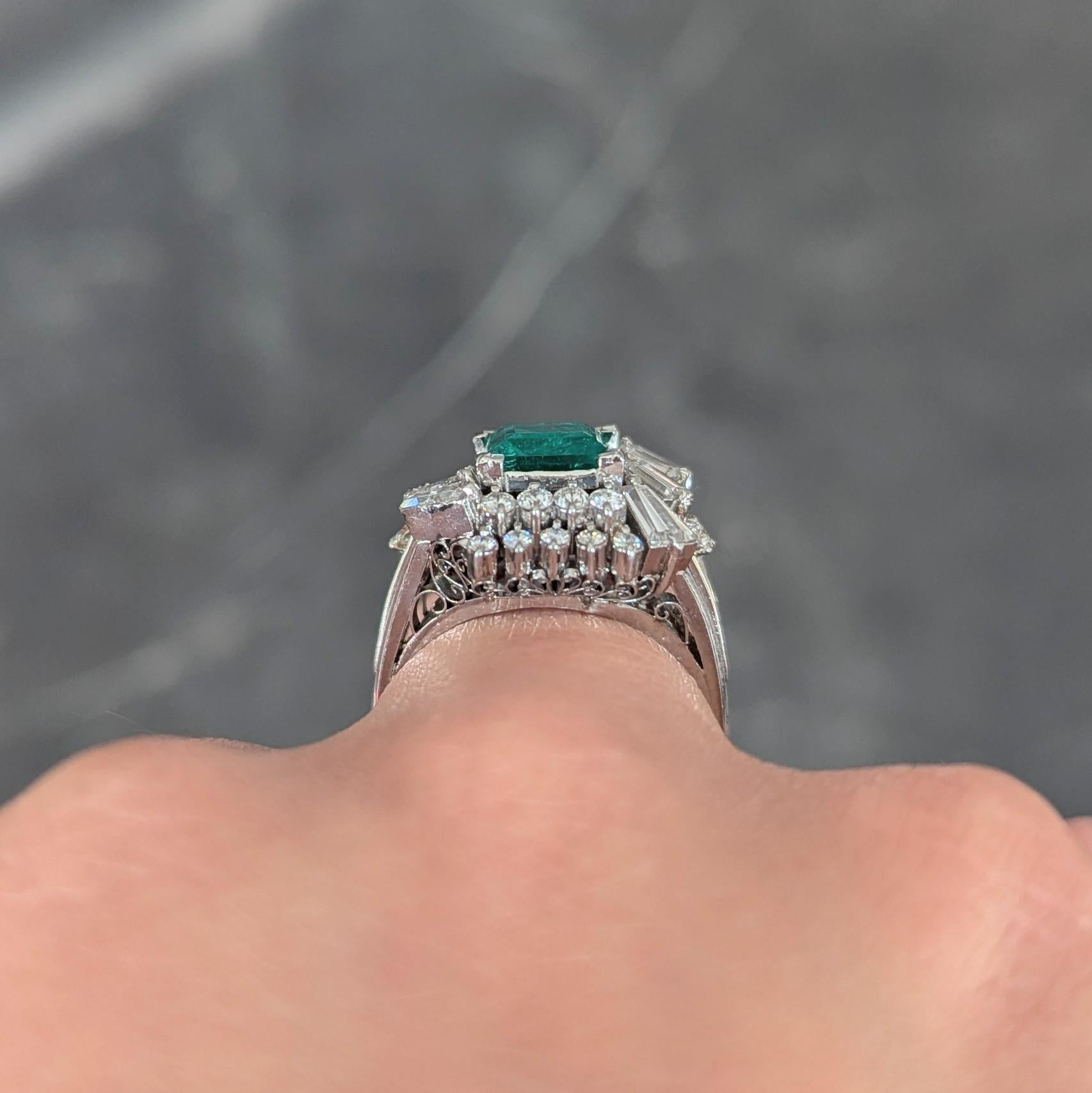 Mid-Century 2.79 CTW Colombian Emerald Diamond Platinum Vintage Cluster Ring GIA