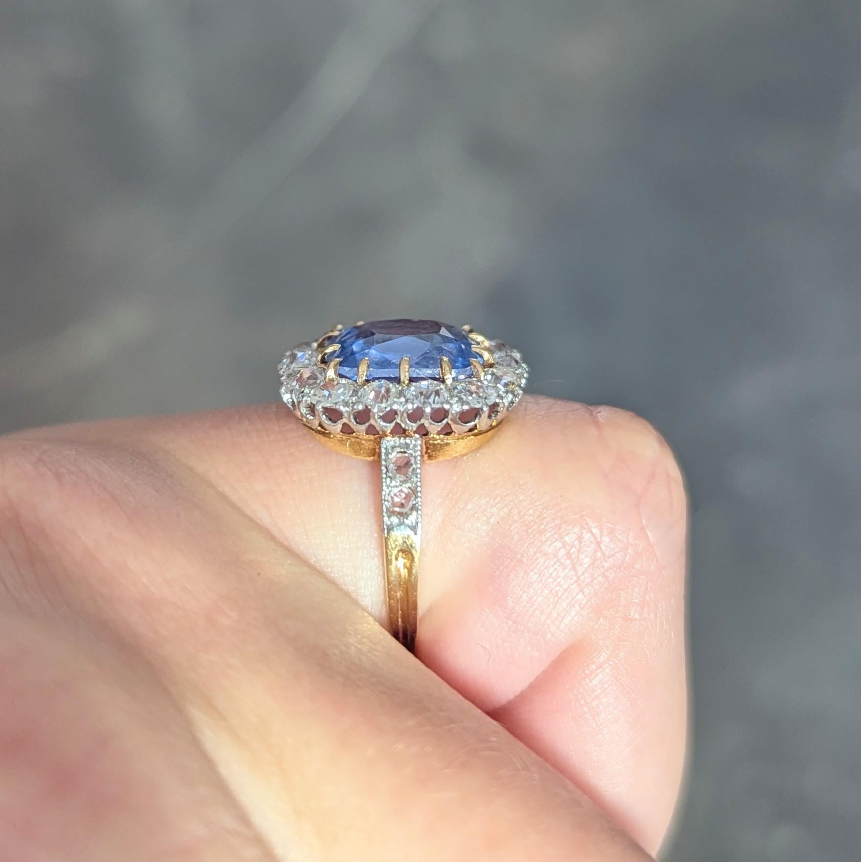 Edwardian 5.29 CTW No Heat Ceylon Sapphire Diamond Platinum 18K Gold Halo Ring