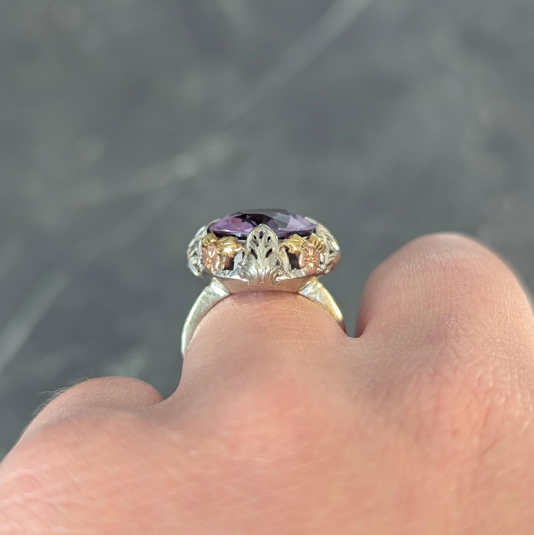 Art Deco Amethyst 14 Karat Tri-Gold Vintage Orange Blossom Cocktail Ring