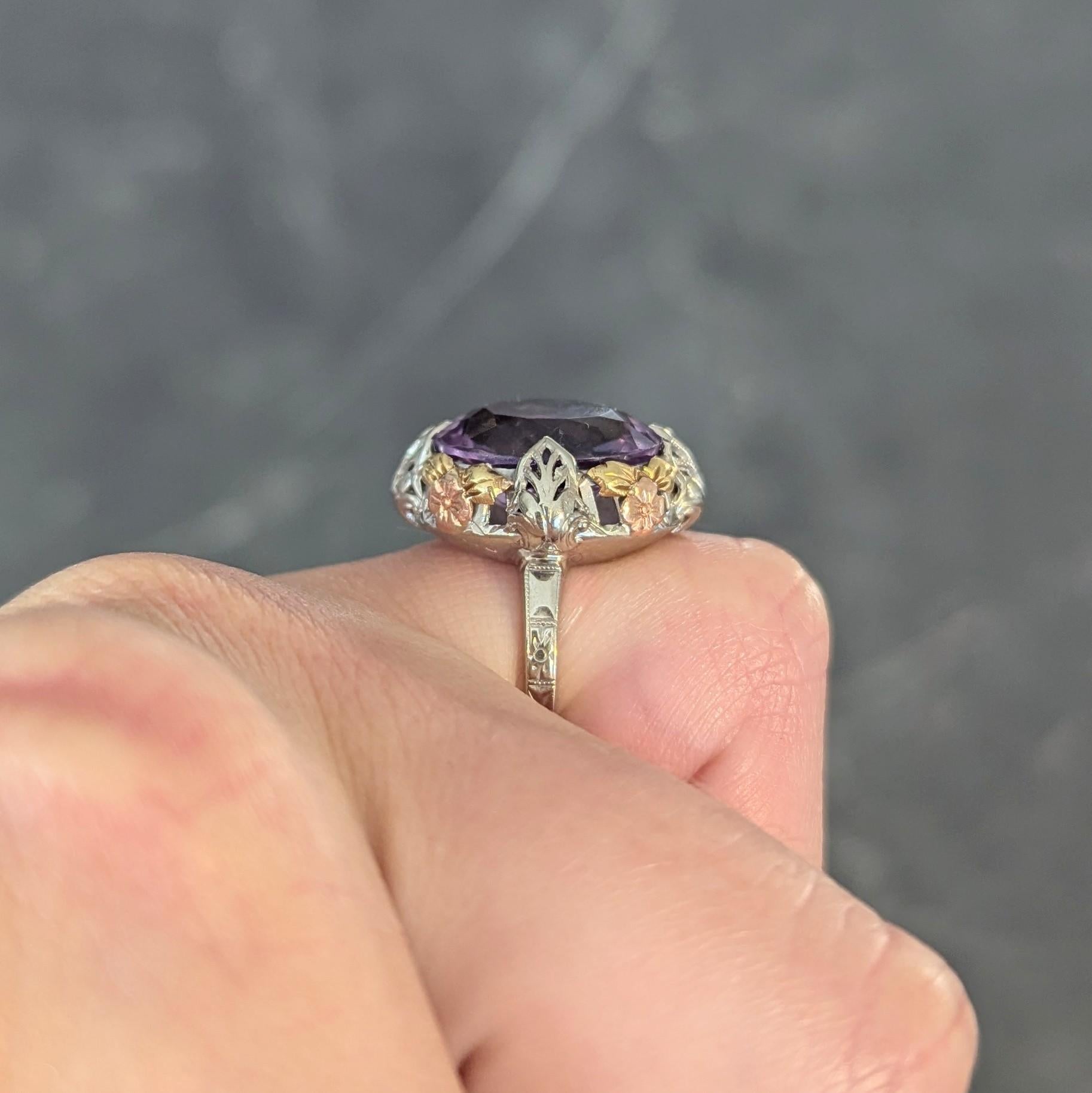 Art Deco Amethyst 14 Karat Tri-Gold Vintage Orange Blossom Cocktail Ring