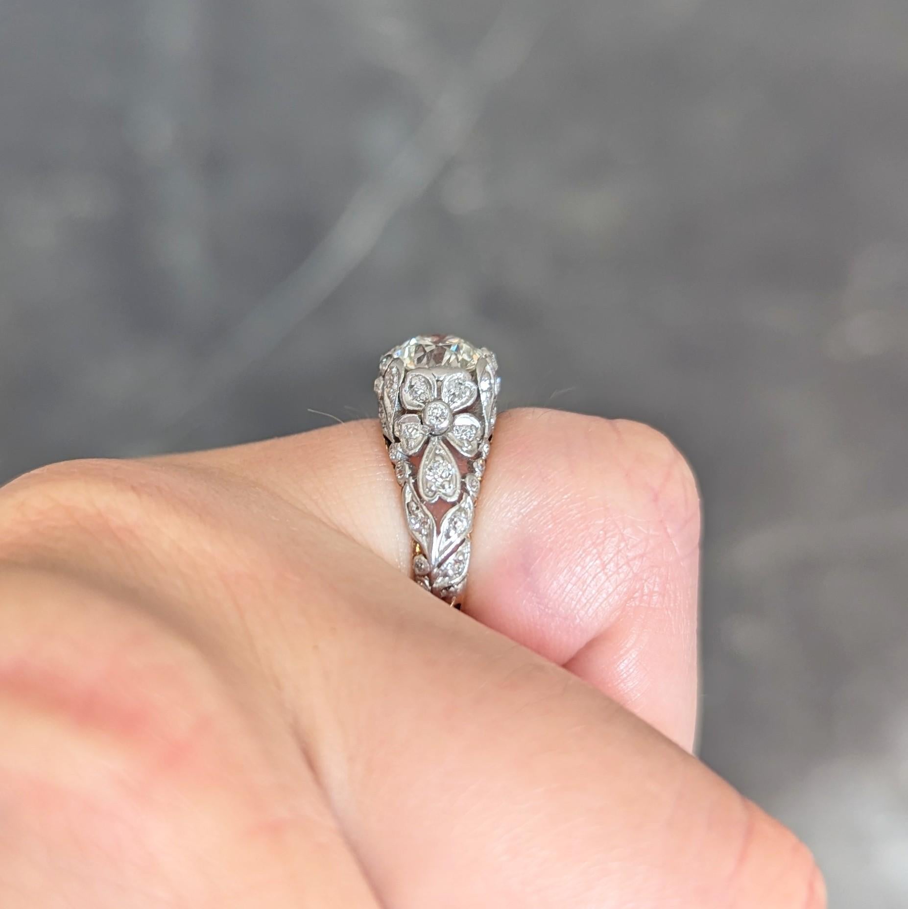 Edwardian 1908 1.74 CTW Diamond Platinum 18K Gold Antique Floral Engagement Ring