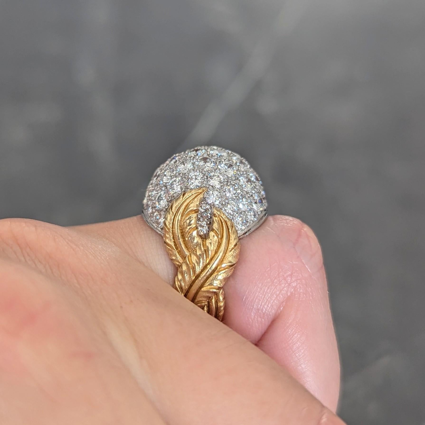 Mid-Century 4.80 CTW Diamond Platinum 18K Yellow Gold Vintage Dome Feather Ring