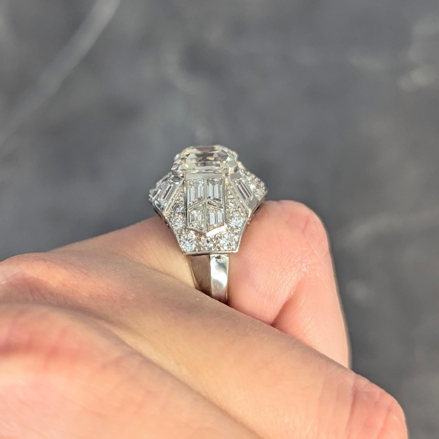 Mid-Century French 7.13 CTW Asscher Diamond Platinum 18K Gold Vintage Dome Ring