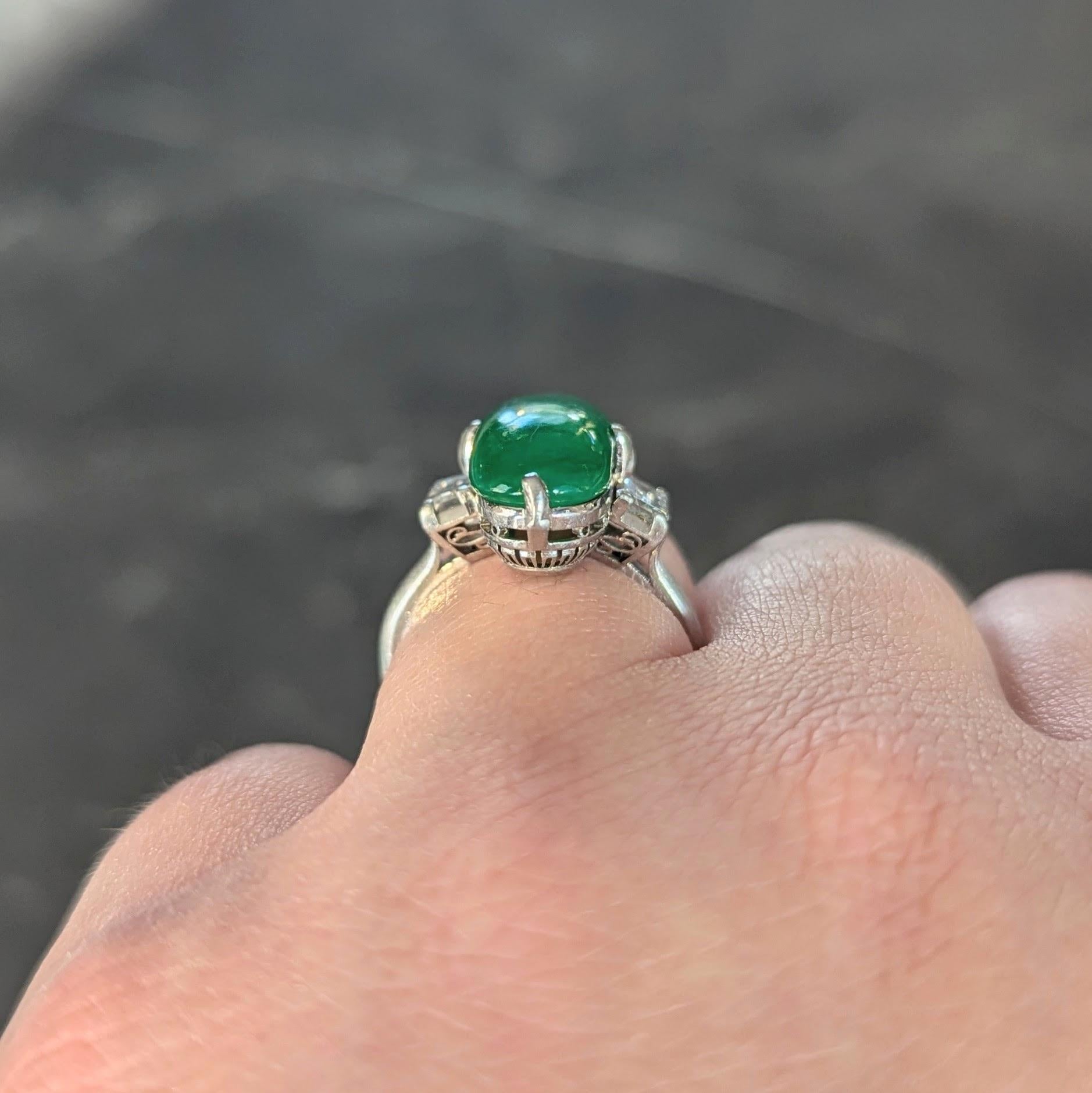 Mid-Century Natural Fei Cui Jadeite Jade Diamond Platinum Vintage Ring GIA