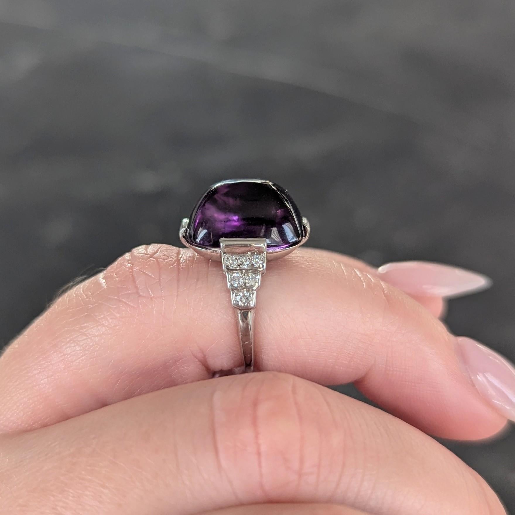 Art Deco Amethyst Cabochon Diamond Platinum Vintage Stepped Cocktail Ring